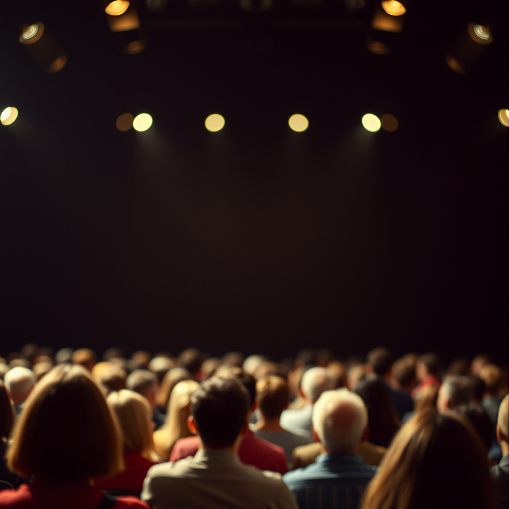 a stage with many people in front of it, where the people sitting in front are slightly blurred